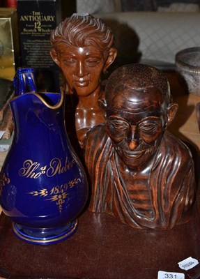 Lot 331 - A 19th century jug named Thomas Roberts, two carved busts, two boxes of glass, rosewood box etc