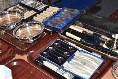 Lot 343 - Quantity of plated flatware, pair of plated bottle coasters, coffee bean spoons etc