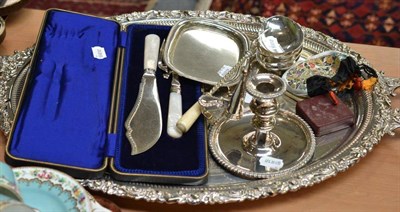 Lot 348 - Plated tray, quantity of plated items, Churchill medal, ivory notelets and a medal