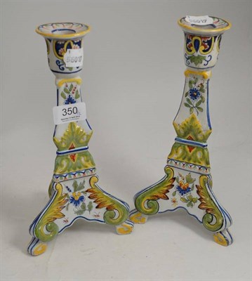 Lot 350 - Pair of Mosanic decorative pottery candlesticks