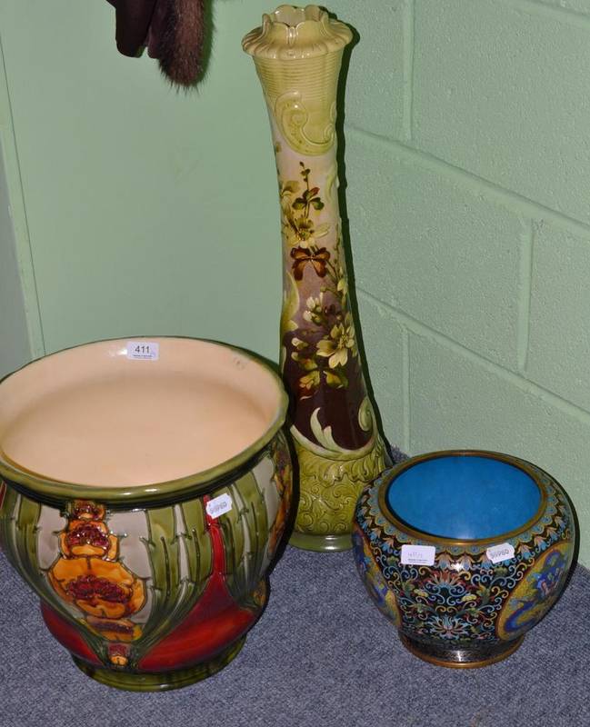 Lot 411 - Mintons jardiniere, Leeds pottery tall vase (both restored) and a cloisonné jardiniere (3)