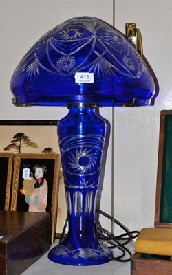 Lot 413 - A reproduction Bohemian blue flashed mushroom lamp