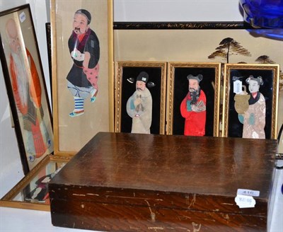 Lot 416 - Pair of Oriental watercolours and seven framed silk work pictures with box of cutlery