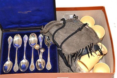 Lot 431 - A cased set of six sterling silver teaspoons, two plated reticules, five ivory egg cups and a...