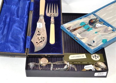 Lot 447 - Pair of fish servers, sugar nips, two napkin rings, two spoons, three watches, cased set of spoons