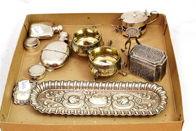 Lot 448 - A selection of small silver including a mustard pot, hip flask, wine label, brass salts, etc