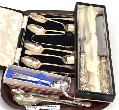 Lot 449 - A cased set of silver spoons, tongs and sundry