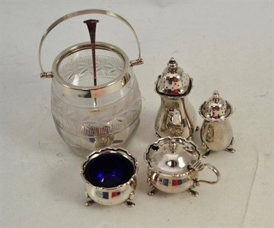 Lot 457 - A four piece silver condiment set and a jam jar