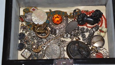 Lot 461 - Assorted silver jewellery, compass pendant, Stanhope miniature binoculars, bead work, plated...