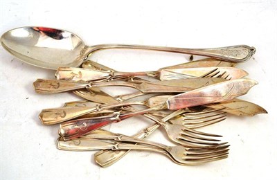 Lot 479 - A set of six fish knives and forks stamped '800' and a sterling silver serving spoon