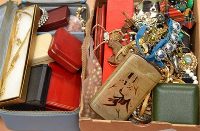 Lot 485 - Two boxes of assorted costume jewellery including brooches by Sarah Coventry, paste jewellery,...