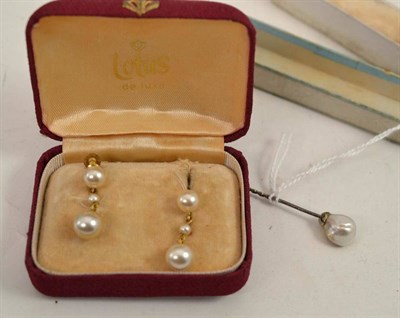 Lot 496 - A pair of drop earrings with screw-on fittings, stamped '9CT' and a baroque pearl stick pin NB...