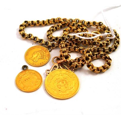 Lot 505 - A fancy link chain hung with a soldered South African half pond and two soldered one dollar coins