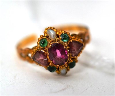 Lot 514 - A 15ct gold garnet, emerald and pearl set ring