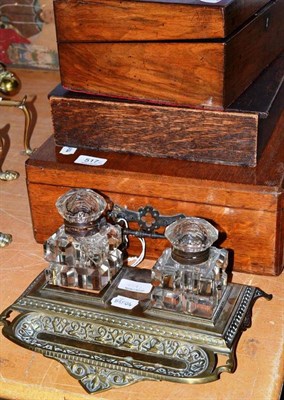 Lot 517 - A walnut stationary box, an oak cutlery box, a work box, an oak cased canteen of silver plated...