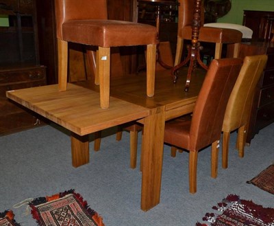 Lot 547 - Oak table, 208.5cm long and six leather covered chairs