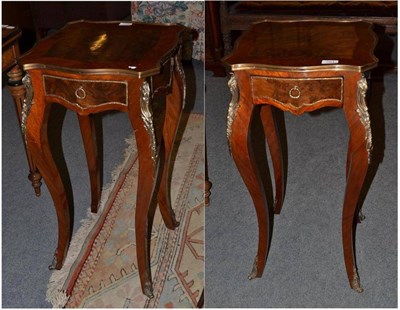 Lot 564 - Pair of French style occasional table with gilt metal mounts and frieze draw, 38cm wide