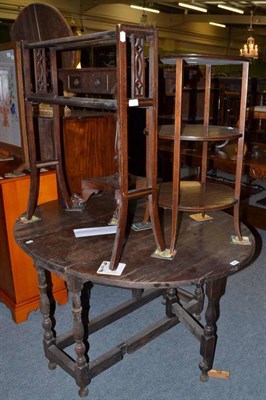 Lot 650 - An 18th century oak gate leg table 123cm wide, a towel rail and a mahogany occasional table