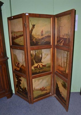 Lot 654 - A 19th century three leaf folding screen, each leaf divided into three panels and painted with...