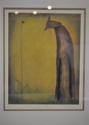 Lot 1010 - After Mackenzie Thorpe (b.1956)  ";Is it a Dog or a Flower";  signed and inscribed in pencil, a...