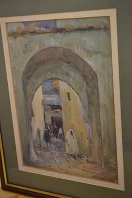 Lot 1036 - Circle of John Spence Ingall (19th/20th century),  Eastern archway, possibly Tangier,  Indistinctly