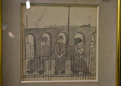 Lot 1041 - After L. S. Lowry (1887-1976)  Three figures before a viaduct  bears a signature, pencil  26cm...