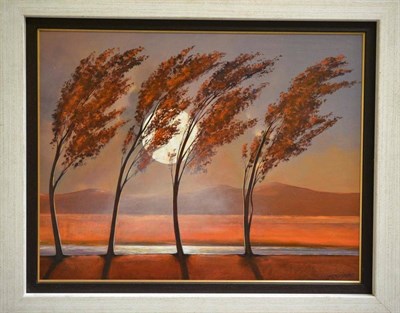 Lot 1044 - J*R* Sanders (Contemporary)  Wind swept trees at evening  signed, oil on board  52cm by 69cm