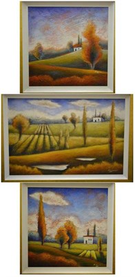 Lot 1045 - Pietro Adamo (Contemporary)  ";Tuscany";  A triptych, acrylics on board (3) 40cm by 41cm & 57cm...