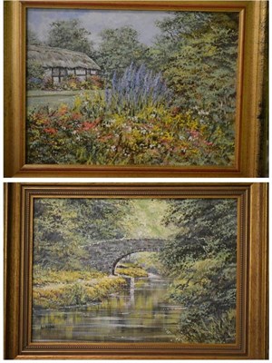 Lot 1049 - Allan Morgan (b.1952)  View of a cottage garden ; ";Woodland Stream"; each signed, oils on...