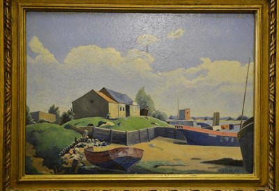 Lot 1052 - Harold Steggles (1911 - 1971) ";Heybridge Basin";  signed and inscribed verso, oil on board  25.5cm