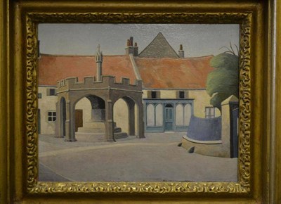 Lot 1053 - Harold Steggles (1911 - 1971)  A village scene with a market cross  signed in pencil verso, oil...