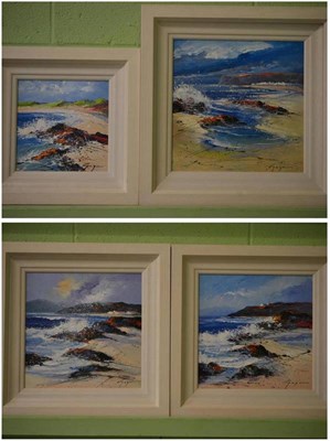 Lot 1055 - *Goyan (Contemporary)  A set of four beach scenes  oils on panel  29cm by 29cm & 20cm by 20cm