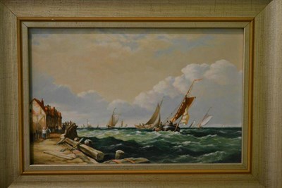 Lot 1056 - D* Koester (Contemporary)  Shipping off a Continental pier signed, oil on panel  19.5cm by 29.5cm