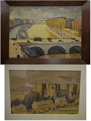 Lot 1064 - English School (Mid 20th Century)  A river city view  bears a City of Bradford Art Gallery,...