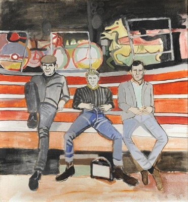 Lot 1066 - English School (Later 20th Century)  Three 1960's youths in a fairground oil on canvas  90.5cm...