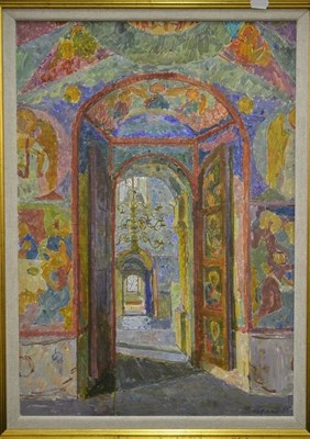 Lot 1067 - Vladislav Zabelin (b. circa 1940)  ";Rostov, the Great Church Interior, 1990"; signed and dated '90