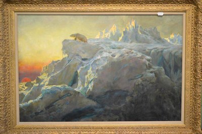 Lot 1072 - English School (20th Century)  A Polar bear on a glacier oil on canvas 59cm by 89cm