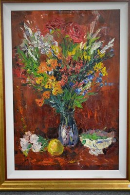 Lot 1078 - Dmitriy Proshkin (Contemporary)  Still life of flowers with a bowl of fruit  signed, acrylic on...