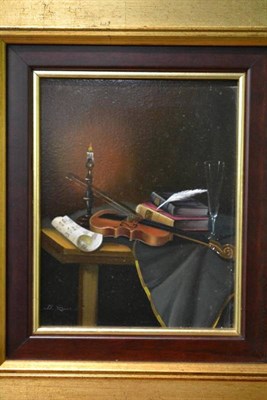 Lot 1079 - G* Sanz (b.1954)  A still life with a violin, books, manuscript, quill pen and a fluted glass...