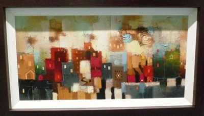 Lot 1080 - John Milan (b.1968) Abstract cityscape Acrylic on board 44cm by 89.5cm