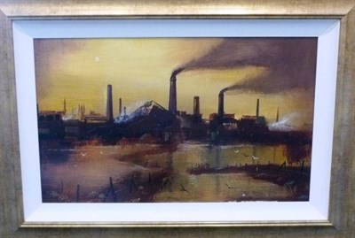 Lot 1082 - Adam Millen (20th/21st century) An Industrial Skyline Acrylic on board, 39.5cm by 65cm