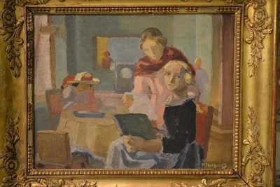 Lot 1096 - Pauline Peugniez (1890 - 1987)  ";The Reading Lesson";  signed, oil on board 27cm by 35cm