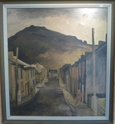 Lot 1097 - George Chapman (1908 - 1993)  Street scene with figures, possibly in the Rhondda Valley  signed '84