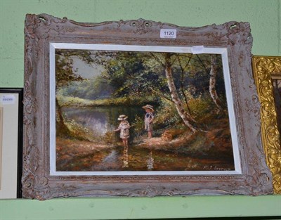 Lot 1120 - Paul J Attfield, contemporary oil painting, children fishing