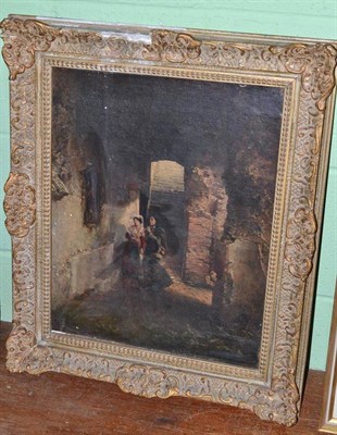 Lot 1130 - A 19th century oil on canvas of two figures in a ruin, 45cm x 35cm (relined), named to the...