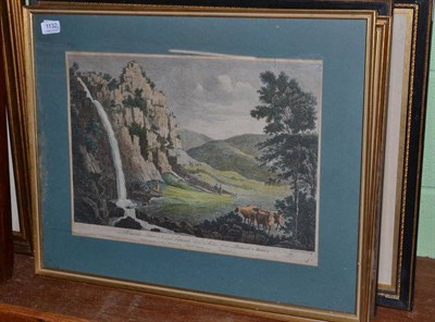 Lot 1132 - Six 18th/19th century engravings including, Gaumant Manor, A Great waterfall near Snowden,...