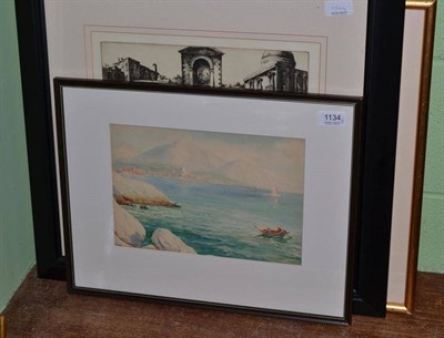 Lot 1134 - Etching by S.Tushingham; watercolour Off The Calanques Coast Marseilles; and two mezzotints by...