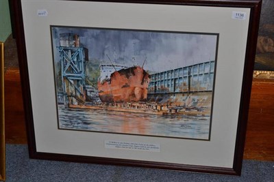 Lot 1136 - John Sibson, 20th century, ship in a dry dock, signed, watercolour, 35x49.5cm