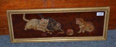 Lot 1138 - Bessie Bamber (fl.1900-1910), three kittens with a partially peeled apple, initialled, oil on...