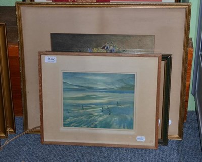 Lot 1142 - A watercolour still life monogrammed 'MFW', a watercolour of a river scene and a print (3)